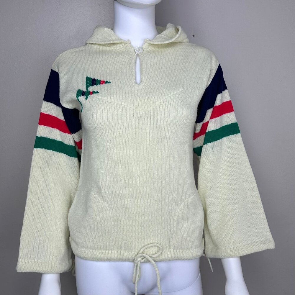Vintage 1970s Hooded Sweater with Striped Sleeves, Size XS